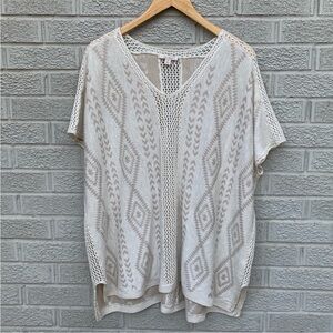 Ella Moss Kimono Linen Blend Crochet Knit Poncho Style V-Neck Cream Sweater XS/S